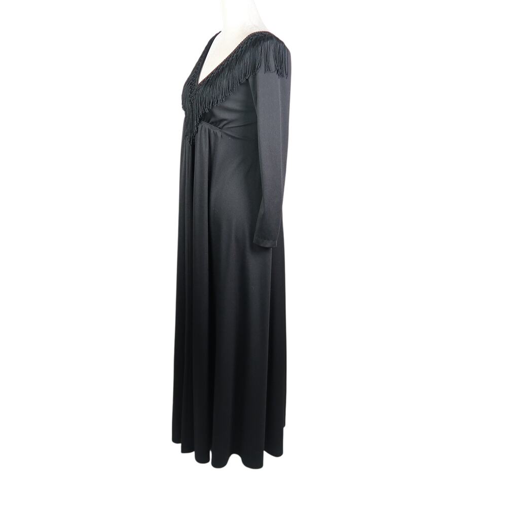 Vintage 70s Black Fringe Collar Trim Long Sleeve Maxi Dress 8 - Picture 3 of 6